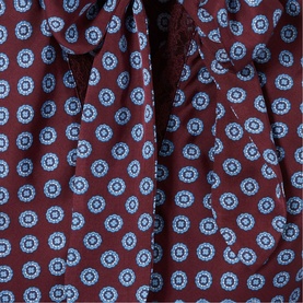 Claude Pierlot Womens French Dress in burgundy print with blue medallion floral pattern, close-up detail of collar and fabric