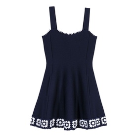 Maje Womens French Dress in navy with white floral crochet trim at neckline and hem, sleeveless fit-and-flare silhouette