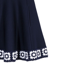 Maje Womens French Dress in navy with white floral crochet hem trim detail, A-line silhouette, close-up shot.