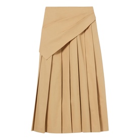 Claude Pierlot Pleated Drape Skirt in clear beige cotton, midi-length with integrated scarf detail and knife pleats at front