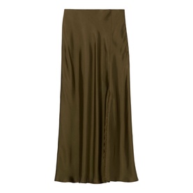 Claude Pierlot midi skirt in brown satin-finish fabric with flared A-line silhouette and side seam detail