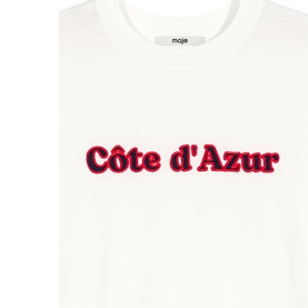 Maje white sweatshirt with red embroidered C&ocirc;te d'Azur slogan graphic on chest