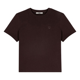 Maje dark brown short-sleeve crew neck T-shirt with small tonal logo embroidery at chest