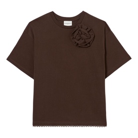 Claude Pierlot brown short-sleeve T-shirt with tonal rosette corsage detail and scalloped lace hem trim