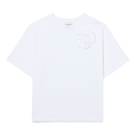 Claude Pierlot white cotton T-shirt with tonal floral appliqu&eacute; detail on chest, short sleeves, relaxed fit
