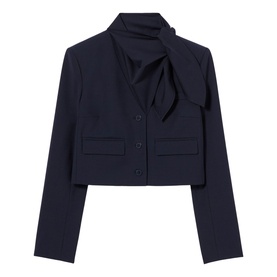 Claude Pierlot Cropped Single-Breasted Blazer in blue with removable scarf collar, boxy silhouette, and piped flap pockets