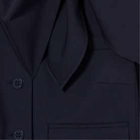 Claude Pierlot Cropped Single-Breasted Blazer in blue, close-up showing removable scarf collar and navy button-front detail