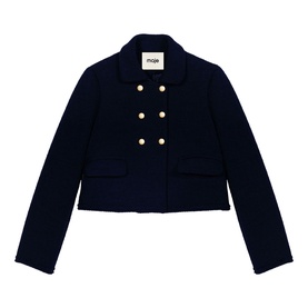 Maje cropped navy jacket with double-breasted gold button detail, patch pockets, and round collar