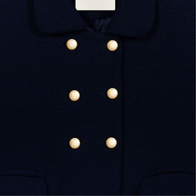 Maje Womens French Dress in navy, double-breasted with pearl-style gold buttons, close-up detail view