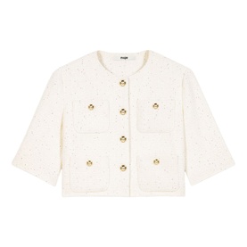 Maje cream boucle cropped jacket with gold button fastening, four patch pockets, and three-quarter length sleeves