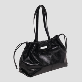 Maje black patent tote bag with ruched drawstring detail, dual shoulder straps and quilted body