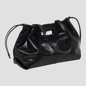 Maje red crinkled patent leather top-handle bag with drawstring detail and structured M logo hardware