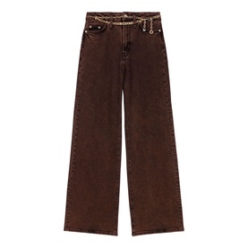 Maje wide-leg brown denim jeans with chain belt detail, high waist, relaxed straight fit