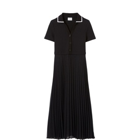 Claude Pierlot Trompe-L'&oelig;il Pleated Dress in black with white contrast trim, V-neckline, short sleeves, button placket and pleated skirt