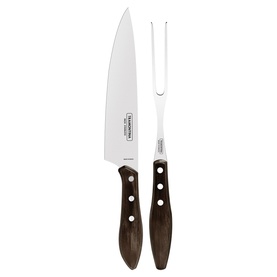 Tramontina Cutlery Set with carving knife and two-pronged fork, dark wood handles with silver rivets, stainless steel blades