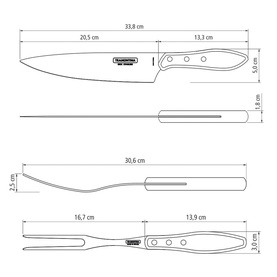 Tramontina cutlery set technical diagram showing chef's knife and carving fork with measurements in centimetres, clear finish.