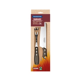 Tramontina Churrasco 2-piece cutlery set with serrated knife and sharpening steel, dark wood-effect handles, in retail packaging.