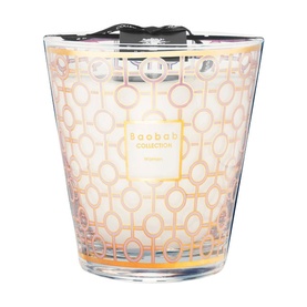 Baobab Women Signature Scented Candle 1kg in clear glass with pink geometric pattern and decorative black feather lid