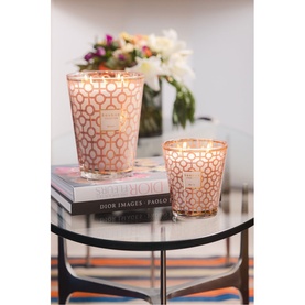 Baobab Women Signature Scented Candle 1kg in rose-gold geometric glass vessel, styled with smaller matching candle on marble side table