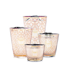 Baobab Women Signature Scented Candle set of four glass vessels in graduating sizes, blush pink with gold geometric pattern