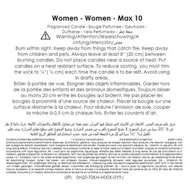 BAOBAB Women Signature Scented Candle 1kg safety and usage instructions label in English, French, and Arabic.