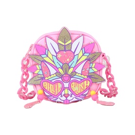 Billy Blush pink holographic round crossbody bag with glitter cat face graphic, chain strap, and iridescent crystal crown detail