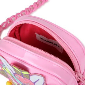 Billieblush pink patent mini crossbody bag, open to show bright pink interior, with chunky pink chain strap