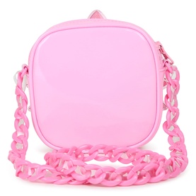 Billy Blush pink glossy mini crossbody bag with chunky pink chain strap, rear view
