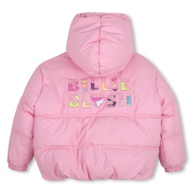 Billy Blush love potion pink hooded puffer coat, back view showing multicoloured embroidered logo lettering across back