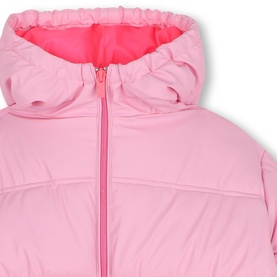 Billy Blush children's Love Potion pink puffer coat, close-up of hood and zip fastening with neon pink lining detail.