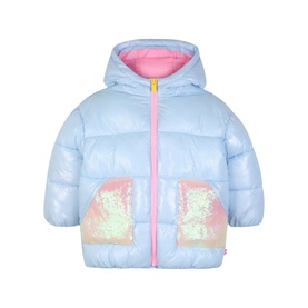 Billy Blush blue padded hooded coat with pink zip, iridescent sequin pockets, and gloss finish, for children