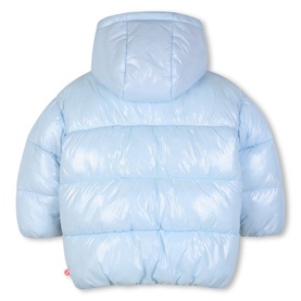 Billy Blush children's blue glossy puffer coat with hood, rear view showing quilted panels and pink logo tab