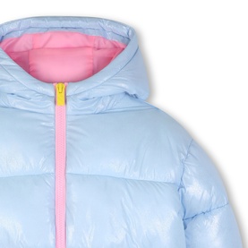 Billy Blush children's blue glossy puffer coat with hood, pink lining, yellow zip detail, close-up view