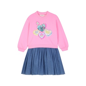 Billy Blush pink sweatshirt dress with sequin heart motifs and blue denim-style skirt, children's