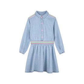 Billy Blush light blue denim dress with rainbow embroidered waistband, colourful shoulder trim, long sleeves, and button-front placket