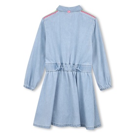 Billy Blush girls' denim dress in double stone bleach wash, long sleeves, elasticated waist, pink embroidered shoulder detail, back view