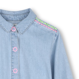 Billy Blush girls' denim dress in double stone bleach wash, with pink snap buttons and multicolour embroidered shoulder detail.