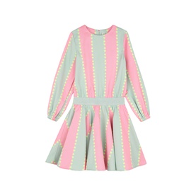Billy Blush girls' pink stripe long-sleeve dress with smocked waist and flared skirt, featuring mint green and yellow dotted stripe detail