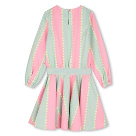 Billy Blush pink striped long-sleeve dress with mint green panels, dotted trim detail, and full skirt, shown from the back.