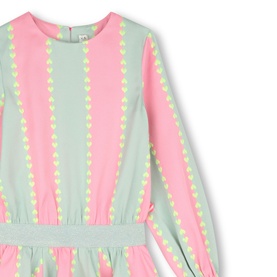 Billy Blush pink and mint green striped long-sleeve girls' dress with yellow dotted trim detail and elasticated waist.