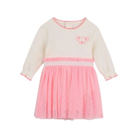 Billy Blush pink baby dress with cream long-sleeve top, tulle skirt, embroidered bear motif, and pink trim detail.