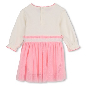 Billy Blush pink baby dress with long sleeves, ruffle trim, and layered tulle skirt, shown from the back