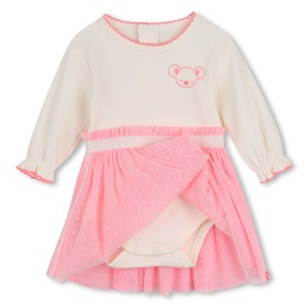 Billy Blush pink baby dress with cream long-sleeve top, ruffle trim, embroidered bear motif, and layered tulle skirt with wrap detail.