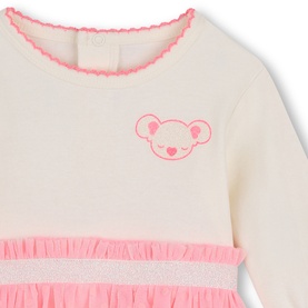 Billy Blush pink baby dress with frill trim, glitter stripe detail, and embroidered bear motif on cream jersey fabric