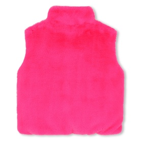 Billy Blush pink faux fur gilet for girls, shown from the back with stand collar and sleeveless design