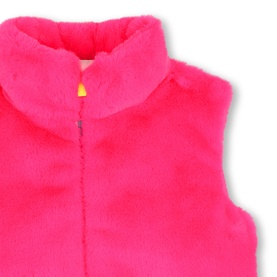 Billy Blush pink faux fur gilet for children, close-up of collar and zip fastening detail