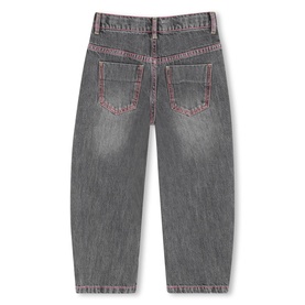 Billy Blush denim grey jeans for children, rear view showing pink contrast stitching, two back pockets and faded wash detail.