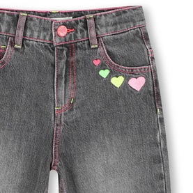 Billy Blush denim grey girls' jeans with pink contrast stitching, colourful embroidered heart motifs on front pocket, and pink button detail.