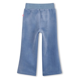 Billy Blush Sweat Bottoms in Quiet Harbor blue velour, flared leg, elasticated waistband with pink logo detail