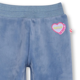 Billy Blush Sweat Bottoms in Quiet Harbor blue velour with elasticated waistband and pink heart badge detail.